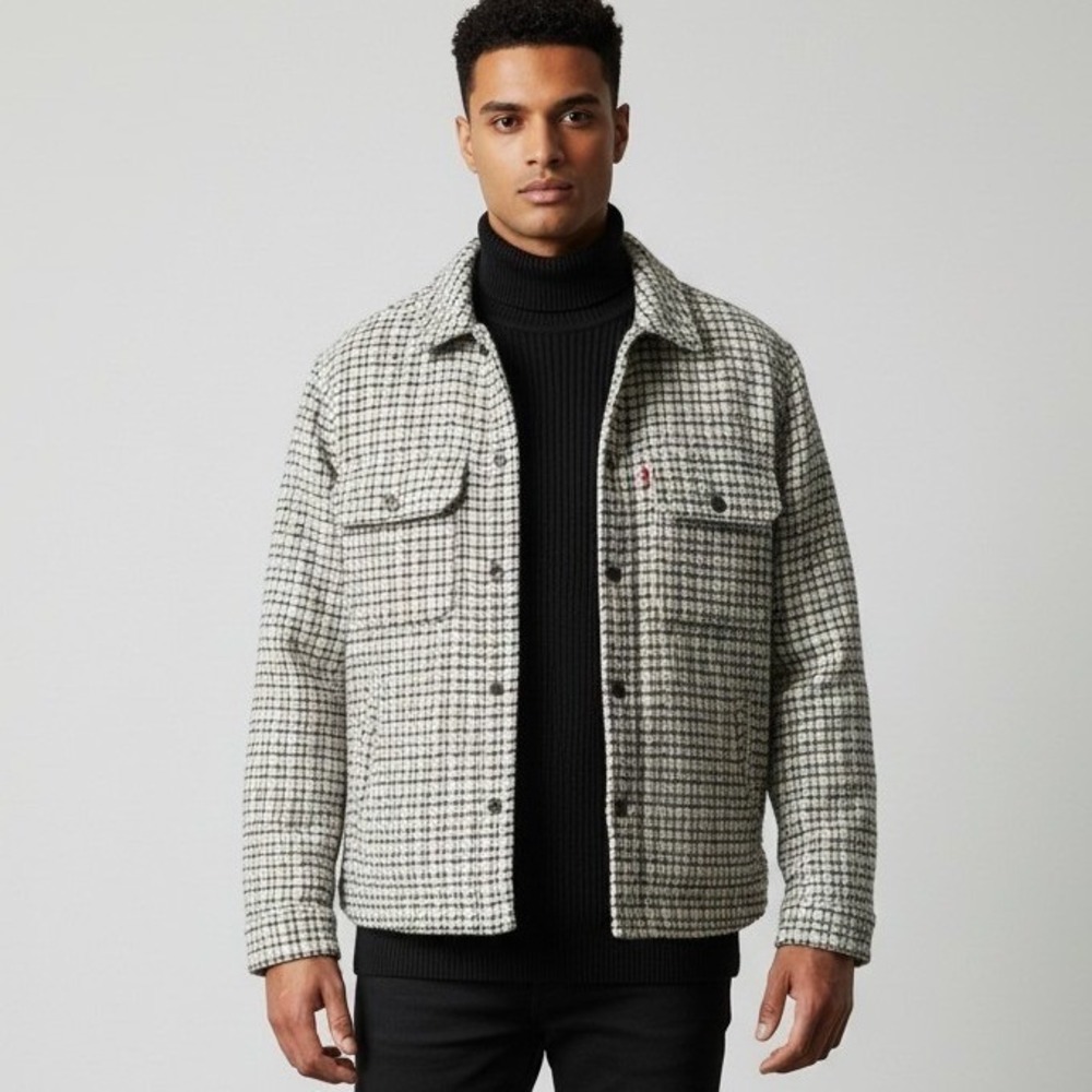 Levis Men's Tweed Black White Grid Trucker Jacket Size M